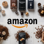 Composizione dall'alto che mostra diversi tipi di caffè in offerta, incluse capsule Nespresso e Lavazza, chicchi in sacchi di iuta e caffè macinato, sparsi su uno sfondo bianco.