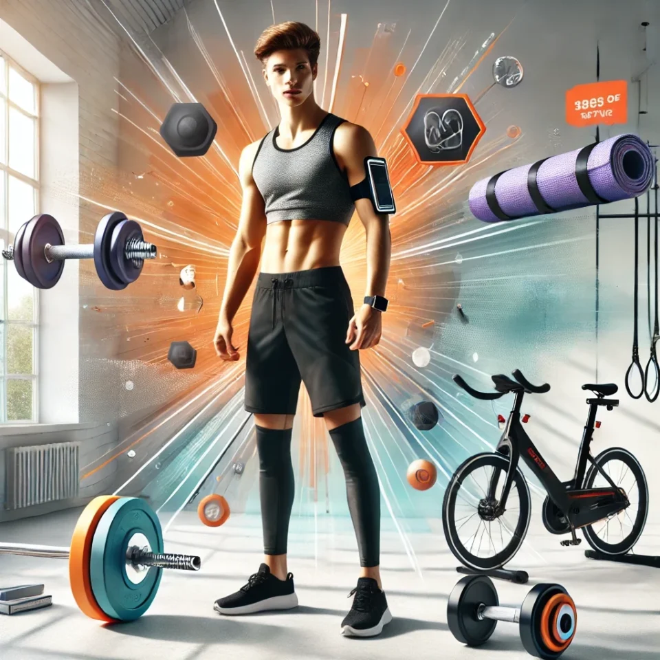 Un uomo in abbigliamento sportivo (top grigio, pantaloncini neri) posa circondato da attrezzature fitness come manubri, bilanciere, cyclette e tappetino, con icone digitali fluttuanti.