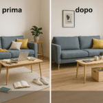 Esempio di disordine domestico prima e dopo l'uso di oggetti utili per la casa