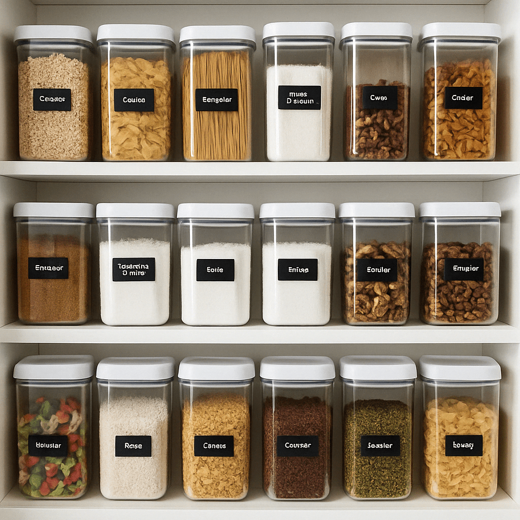 Dispensa organizzata con contenitori trasparenti etichettati