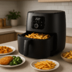 Friggitrice ad aria moderna su piano cucina con piatti pronti come patatine, pollo croccante e verdure grigliate