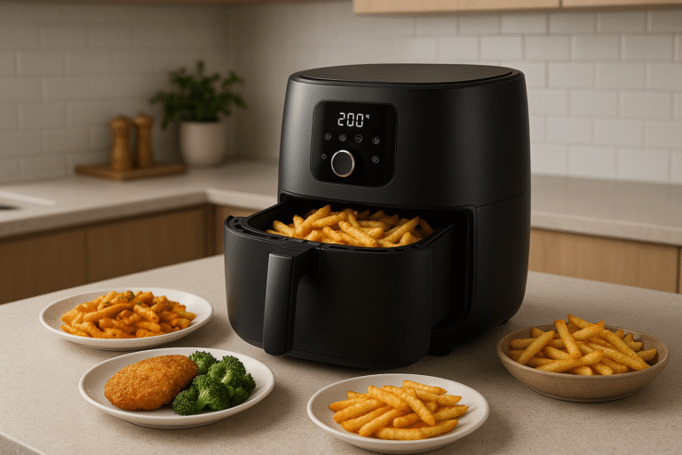 Friggitrice ad aria moderna su piano cucina con piatti pronti come patatine, pollo croccante e verdure grigliate