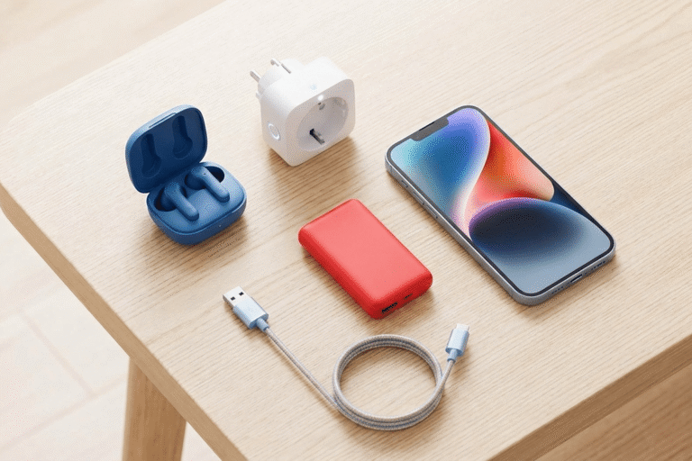 5 Gadget Tech sotto i 50β¬ che ti cambieranno la vita 2 Gadget tech sotto i 50 euro sul tavolo: cuffie, powerbank e smartphone