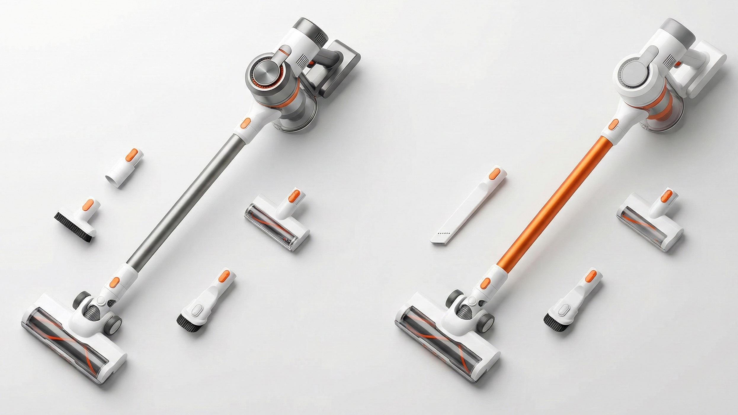 Confronto flat lay tra un aspirapolvere top di gamma e le migliori alternative Dyson economiche smontati su sfondo bianco.