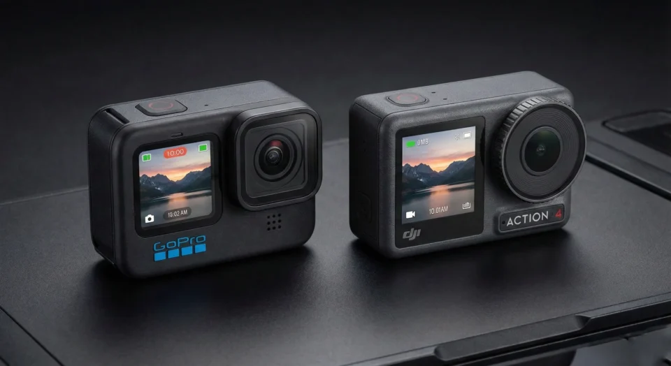 Una fotografia di confronto fianco a fianco tra le action cam top di gamma GoPro Hero e DJI Osmo Action su uno sfondo tecnologico scuro.