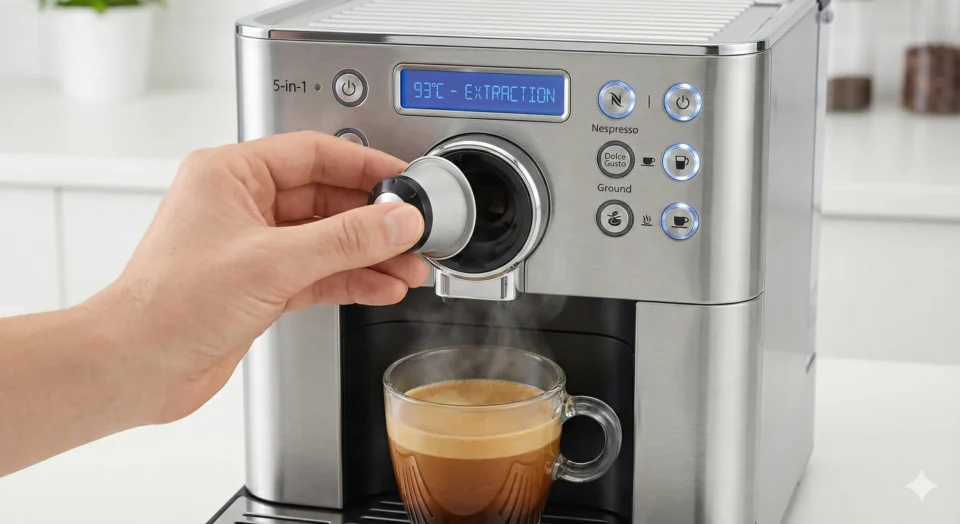 Dettaglio di una mano che inserisce un adattatore per cialde in una macchina caffè capsule HiBREW 5-in-1, con display digitale della temperatura visibile sullo sfondo.
