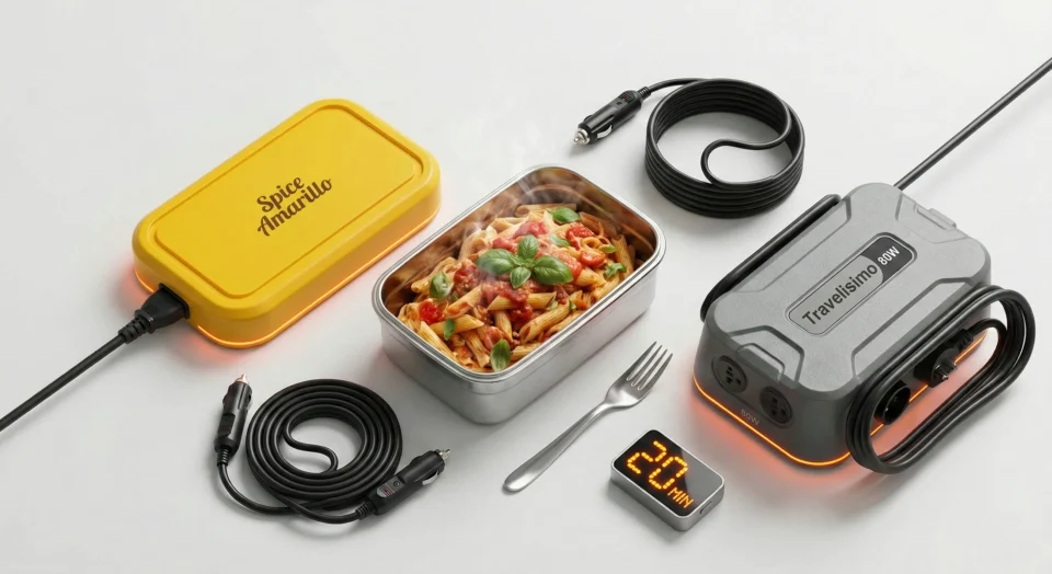 Confronto Miglior Scaldavivande Elettrico 2026: Spice giallo vs Travelisimo grigio con pasta fumante in vaschetta inox.