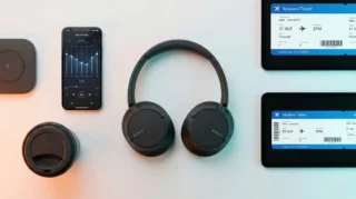 Flat lay delle Sony WH-CH720N nere su scrivania minimal, considerate le migliori cuffie ANC qualità prezzo del 2026 per viaggiare.