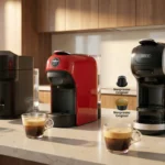 Tre macchine caffè capsule su un piano cucina moderno: una Nespresso compatta nera, una Lavazza rossa e una HiBREW multicapsula, con tazzine di espresso cremoso in primo piano.