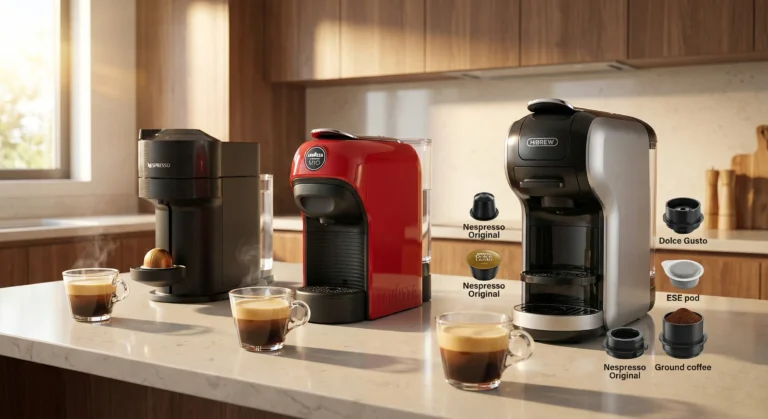 Tre macchine caffè capsule su un piano cucina moderno: una Nespresso compatta nera, una Lavazza rossa e una HiBREW multicapsula, con tazzine di espresso cremoso in primo piano.