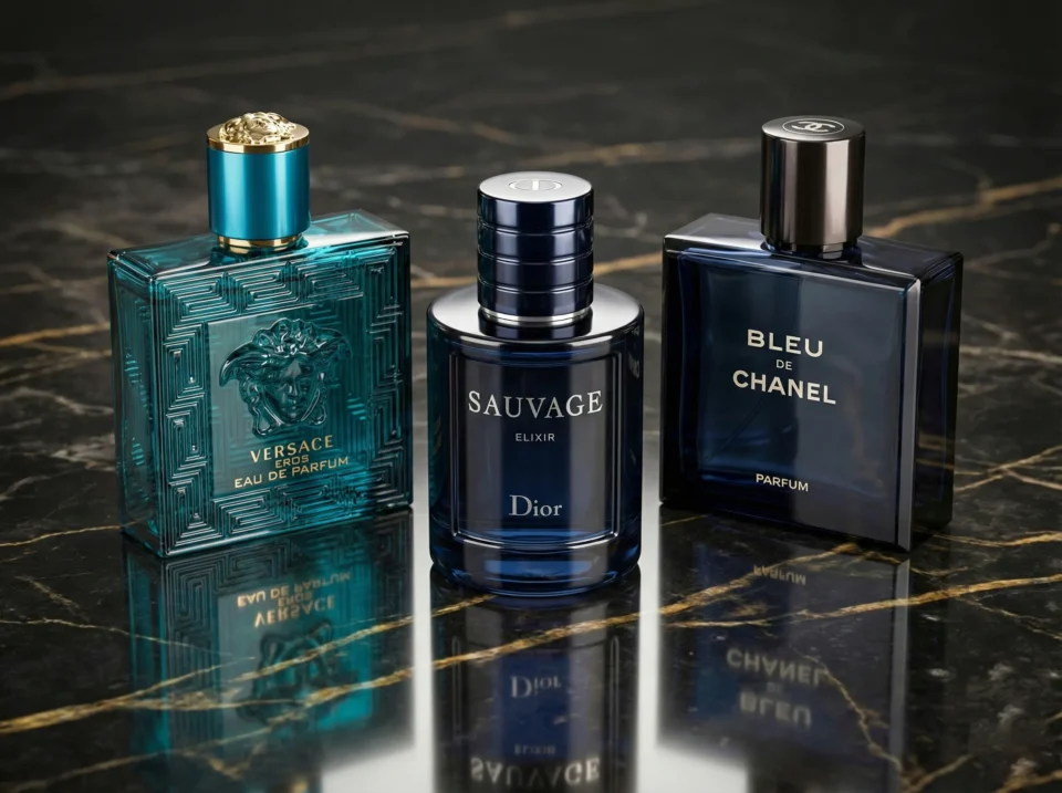 Composizione dei tre migliori profumi uomo 2026: Dior Sauvage Elixir, Versace Eros EDP e Bleu de Chanel Parfum su marmo scuro.