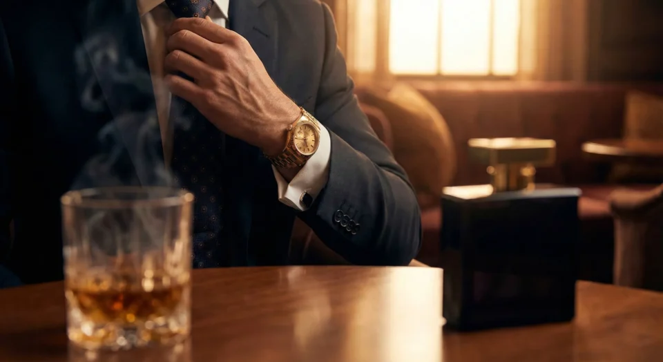 Scatto lifestyle di uomo elegante in abito che si sistema la cravatta in un ambiente lussuoso e soffuso, evocando il mondo dei profumi di alta gamma.