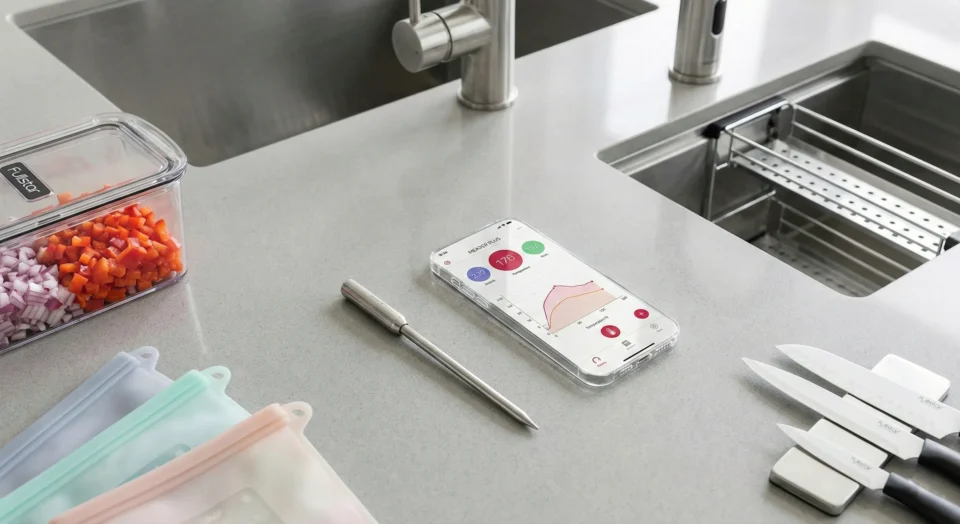 Flat lay di accessori cucina amazon tecnologici e organizer salvaspazio moderni su piano di lavoro.