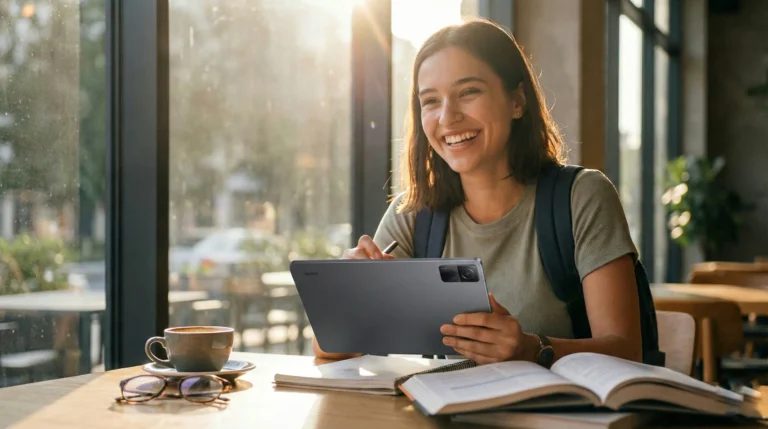 Studentessa sorridente in un bar che usa Redmi Pad 2 Graphite Gray con pennino per studiare e prendere appunti