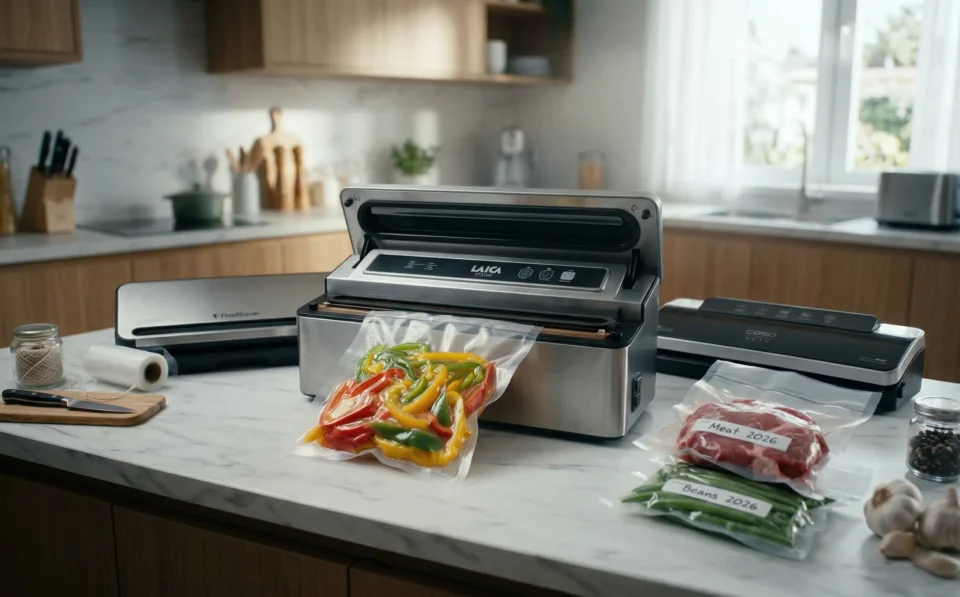 Macchina sottovuoto professionale Laica VT3120 mentre sigilla sacchetto di verdure miste per la conservazione nel 2026.
