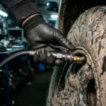 Meccanico che aggancia il miglior compressore portatile auto alla valvola di uno pneumatico per controllare la pressione a freddo nel garage.