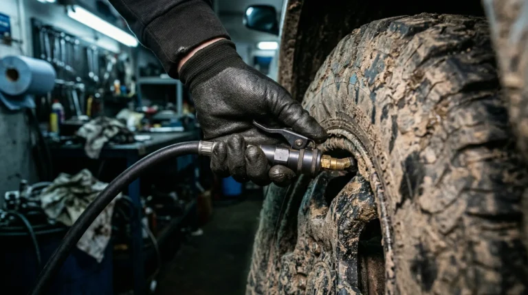 Meccanico che aggancia il miglior compressore portatile auto alla valvola di uno pneumatico per controllare la pressione a freddo nel garage.