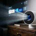 Miglior proiettore 4k economico: un Magcubic HY300 acceso su un tavolo in legno proietta l'interfaccia Android su una parete buia.