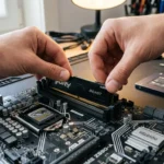 ecnico informatico installa memoria RAM e SSD per velocizzare vecchio PC Windows.