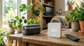 Sensore domotico intelligente su tavolo in legno in un ambiente domestico luminoso, a simboleggiare gli oggetti utili per la casa e il risparmio energetico nel 2026.