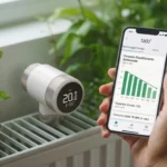 martphone con app per monitoraggio consumi e grafico in calo per una smart home ecosostenibile, con valvola termostatica tado° X e piante in background.