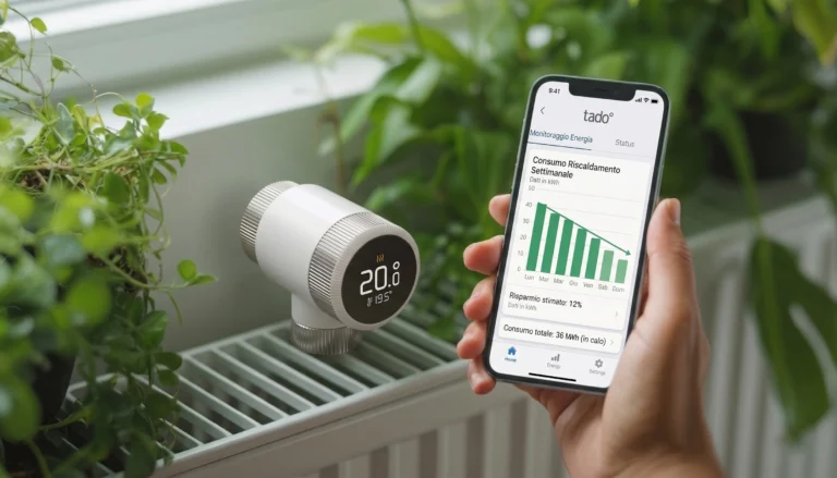martphone con app per monitoraggio consumi e grafico in calo per una smart home ecosostenibile, con valvola termostatica tado° X e piante in background.