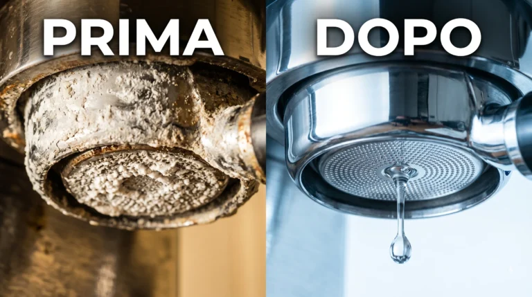 come decalcificare macchina da caffè Dettaglio macro di un braccetto della macchina da caffè diviso a metà: a sinistra pesantemente incrostato di calcare prima del trattamento, a destra perfettamente lucido e pulito dopo l'azione del decalcificante.