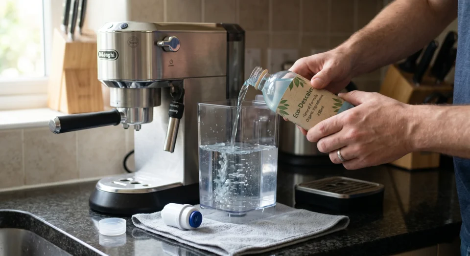 Dettaglio del versamento di decalcificante liquido ecologico a base di acido lattico nel serbatoio di una macchina da caffè superautomatica. come decalcificare macchina da caffè