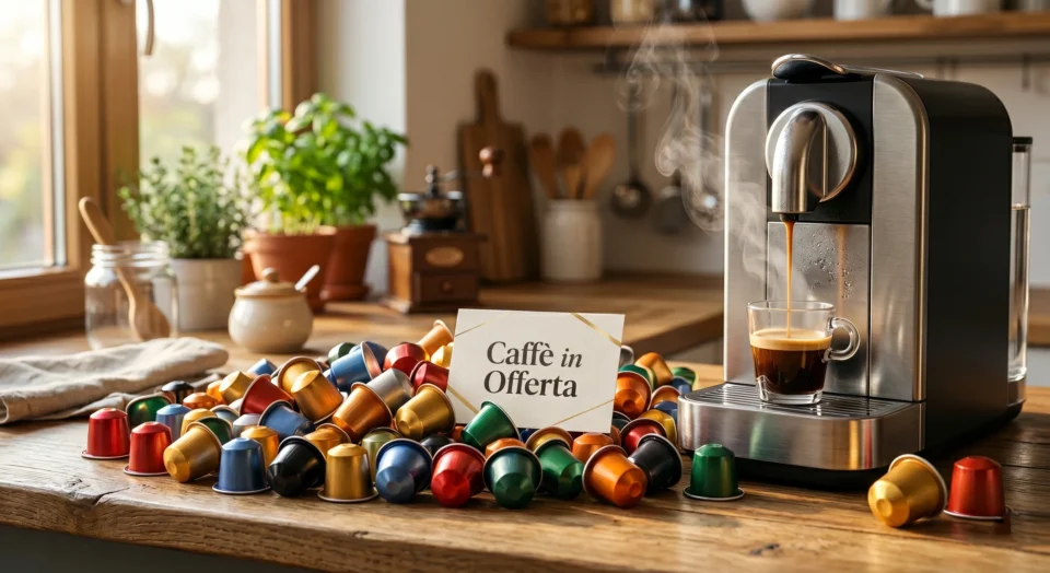 Abbondante scorta in Offerte Capsule Compatibili e Macchine da Caffè, colorate sul bancone della cucina