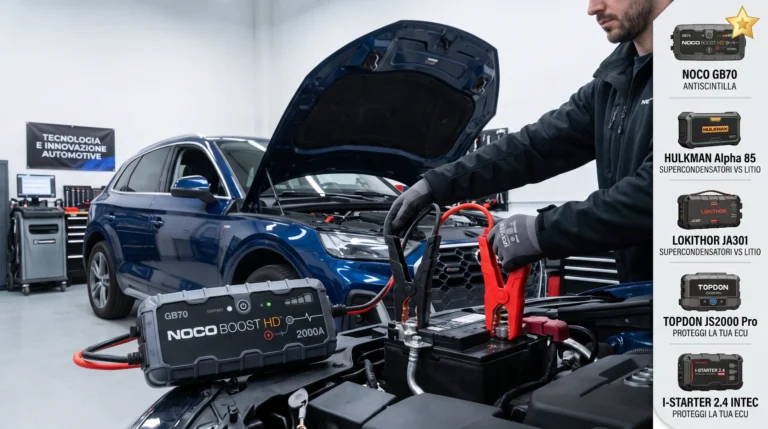 Meccanico che collega il miglior avviatore di emergenza auto NOCO GB70 alla batteria di un veicolo, con la classifica dei 5 migliori booster del 2026 in evidenza.