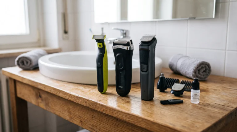 Collage dei 5 migliori rasoi elettrici economici del 2026 sotto i 70 euro in un bagno moderno: Philips OneBlade 360, Braun Series X, Xiaomi Grooming Kit Pro, Philips Multigroom e Braun Series 3. L'immagine mostra dispositivi impermeabili IPX7 e testine ibride.