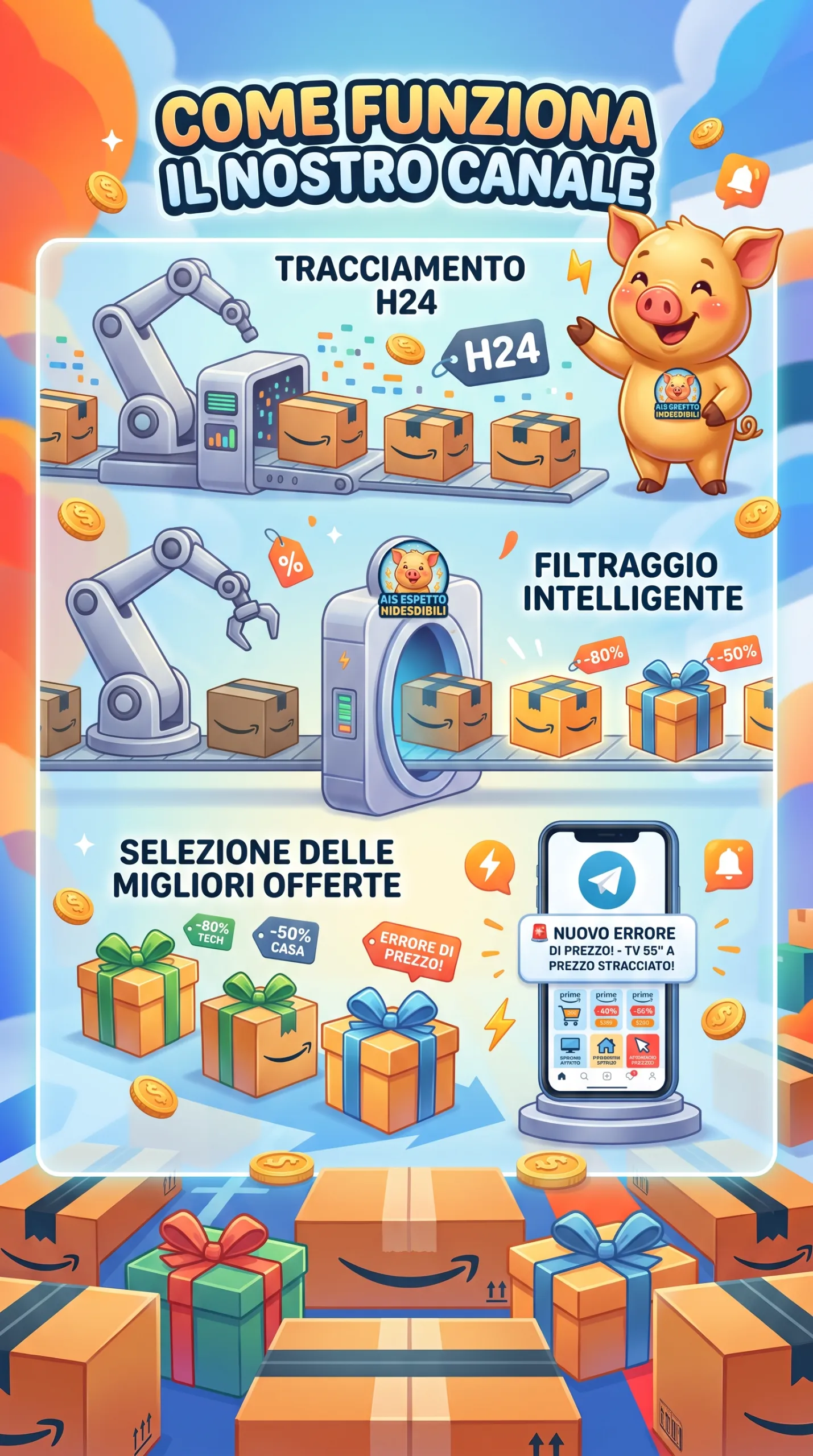 Un porcellino salvadanaio dorato e sorridente circondato da monete d'oro e pacchi Amazon, simbolo del risparmio sul canale Telegram.
